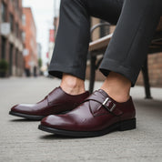 model-siting - Men's Brown Leather Monk Strap Shoes