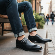model-siting - Men's Brown Leather Monk Strap Shoes