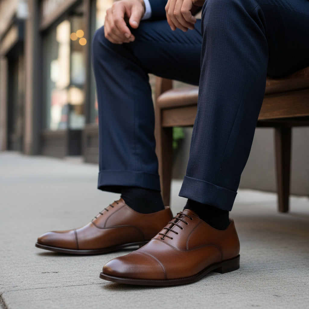 model-siting - Men's Brown Leather Oxford Dress Shoes with Lace-Up
