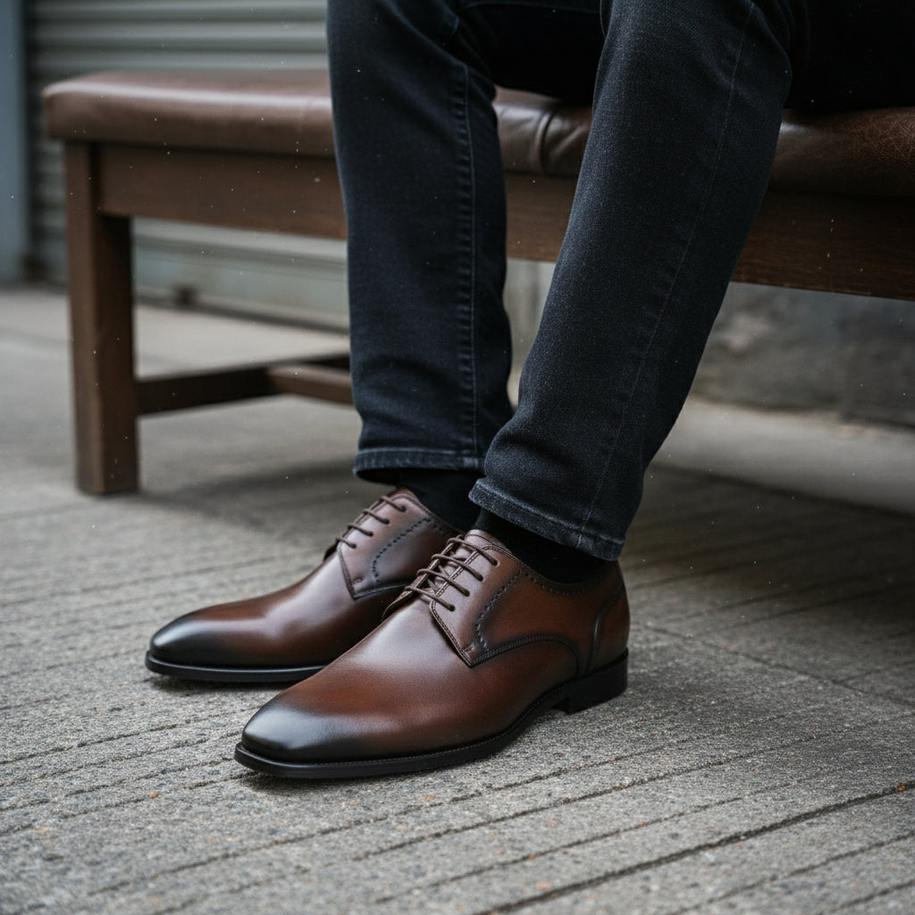 model-siting - Men's Brown Leather Oxford Dress Shoes