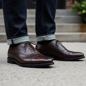 model-siting - Men's Brown Leather Oxford Dress Shoes