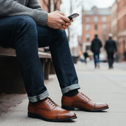 model-siting - Men's Brown Leather Oxford Dress Shoes