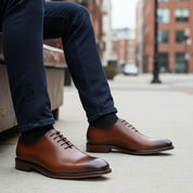 model-siting - Men's Brown Leather Oxford Dress Shoes