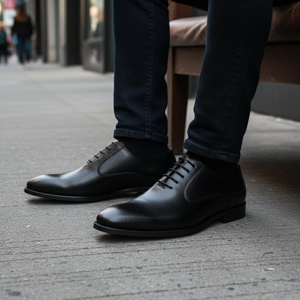 model-siting - Men's Brown Leather Oxford Shoes