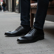 model-siting - Men's Brown Leather Oxford Shoes