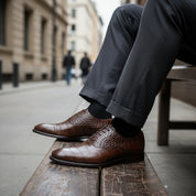 model-siting - Men's Brown Leather Oxford Shoes