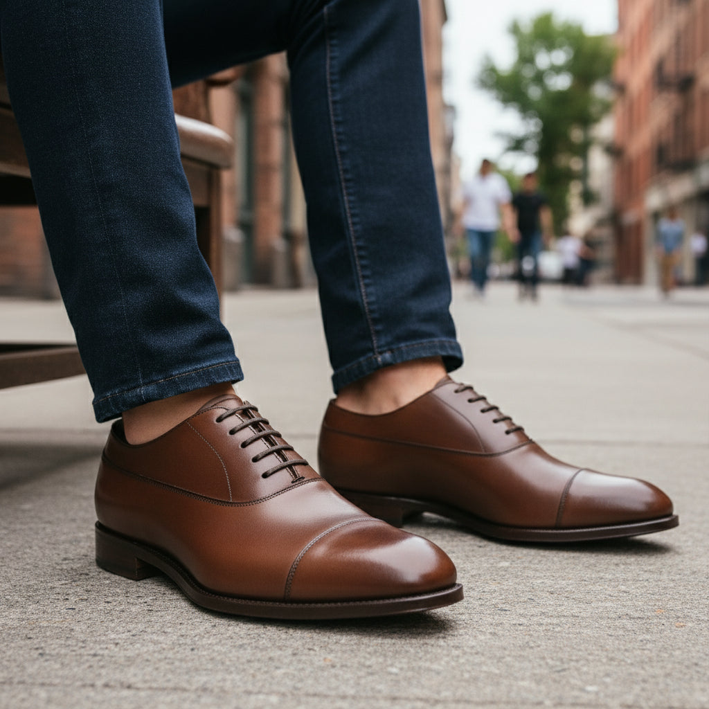 Men's Brown Leather Oxford Shoes - model-siting
