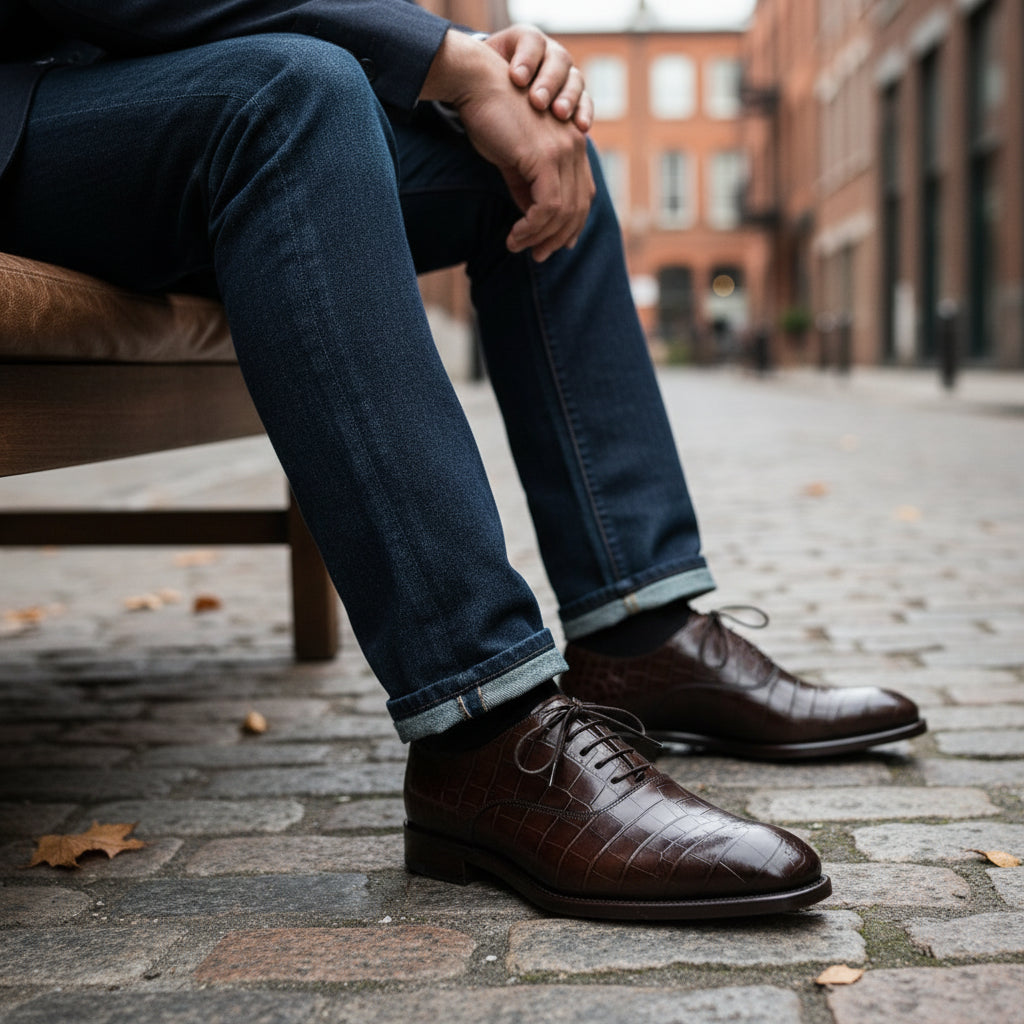 model-siting - Men's Brown Leather Oxford Shoes