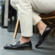 model-siting - Men's Brown Leather Penny Loafer Shoes