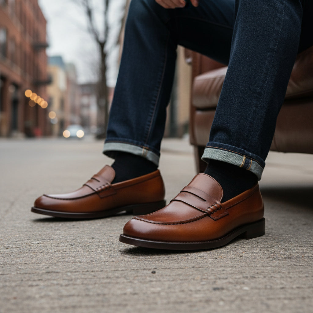 model-siting - Men's Brown Leather Slip-on Dress Shoes