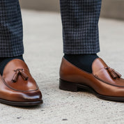model-siting - Men's Brown Leather Slip-On Formal Dress Shoes