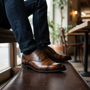 model-siting - Men's Brown Leather Square Toe Dress Shoes