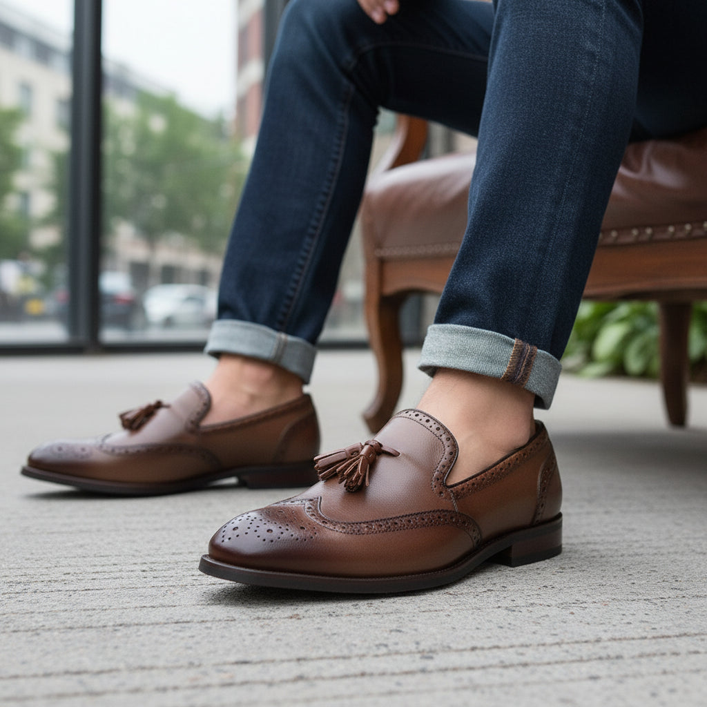 model-siting - Men's Brown Leather Tassel Loafers