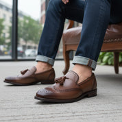 model-siting - Men's Brown Leather Tassel Loafers