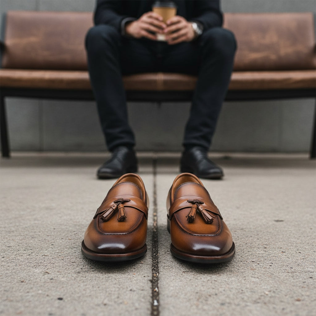 model-siting - Men's Brown Leather Tassel Loafers