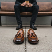 model-siting - Men's Brown Leather Tassel Loafers