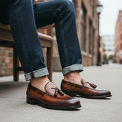 model-siting - Men's Brown Leather Tassel Loafers