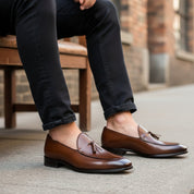 model-siting - Men's Brown Leather Tassel Loafers
