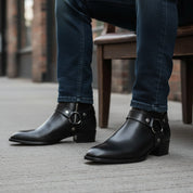 model-siting - Men's Brown Leather Western Style Boots