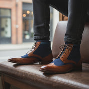 model-siting - Men's Brown Leather Wingtip Brogue Ankle Boots