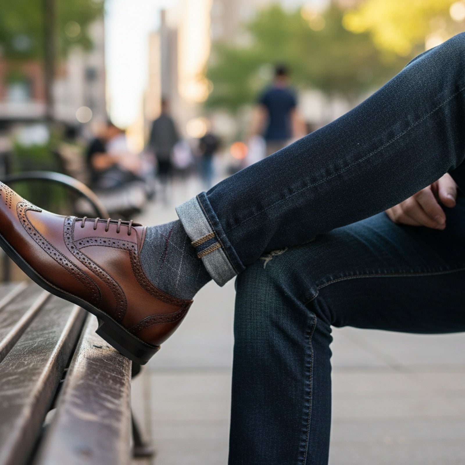 model-siting - Men's Brown Leather Wingtip Brogue Dress Shoes