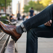 model-siting - Men's Brown Leather Wingtip Brogue Dress Shoes