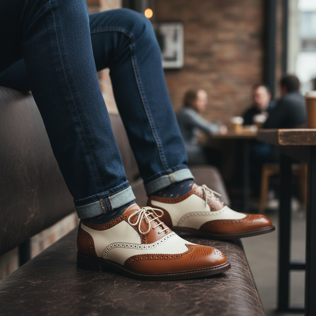 model-siting - Men's Brown Leather Wingtip Brogue Dress Shoes