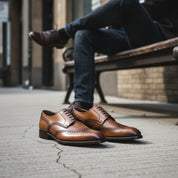 model-siting - Men's Brown Leather Wingtip Brogue Dress Shoes