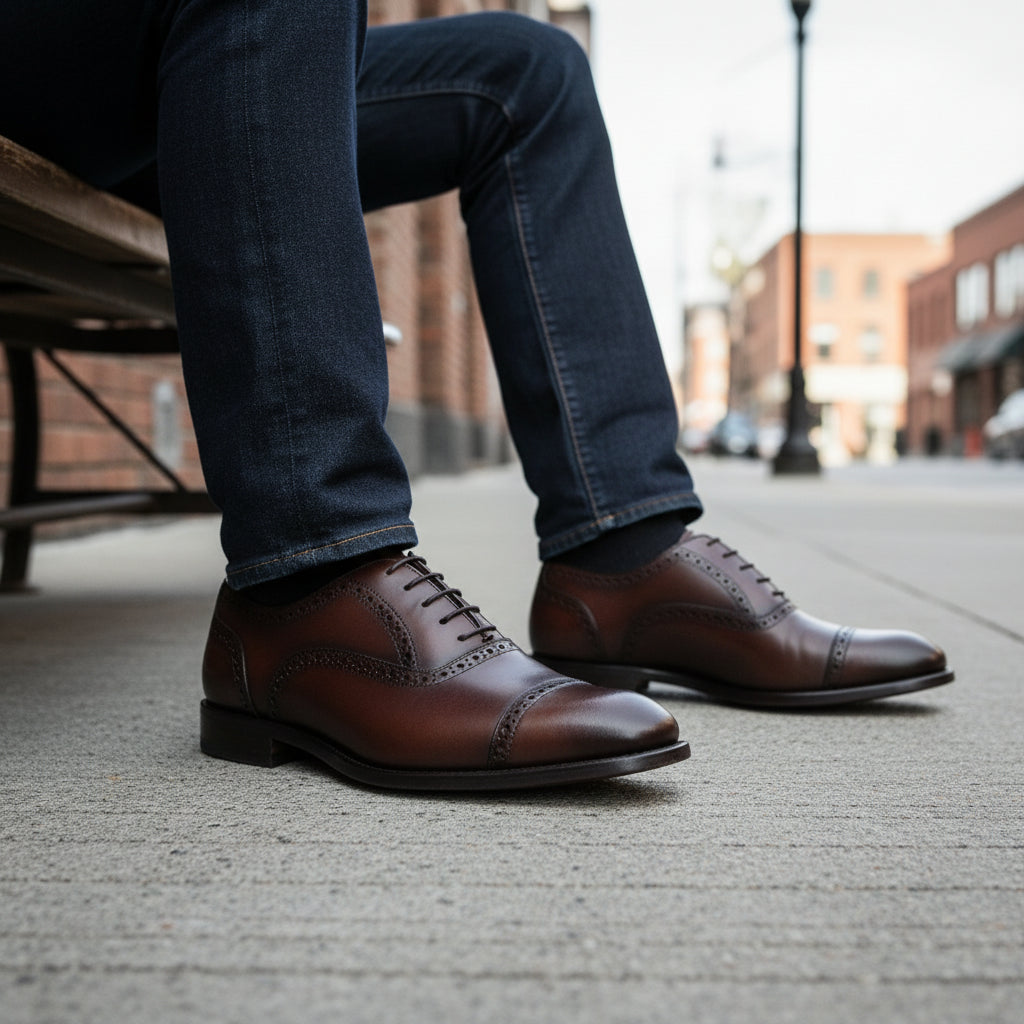 model-siting - Men's Brown Leather Wingtip Brogue Shoes