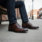 model-siting - Men's Brown Leather Wingtip Brogue Shoes