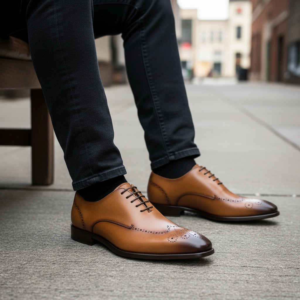 model-siting - Men's Brown Leather Wingtip Brogue Shoes