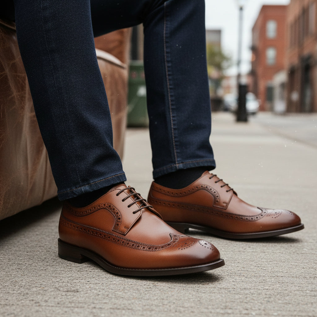 model-siting - Men's Brown Leather Wingtip Brogue Shoes