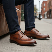 model-siting - Men's Brown Leather Wingtip Brogue Shoes