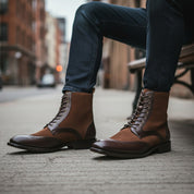 Men's Brown Leather Wingtip Lace-Up Ankle Boots - model-siting