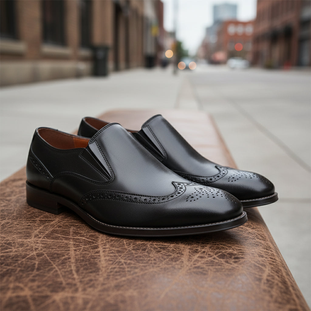 model-siting - Men's Brown Leather Wingtip Loafers