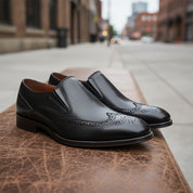 model-siting - Men's Brown Leather Wingtip Loafers