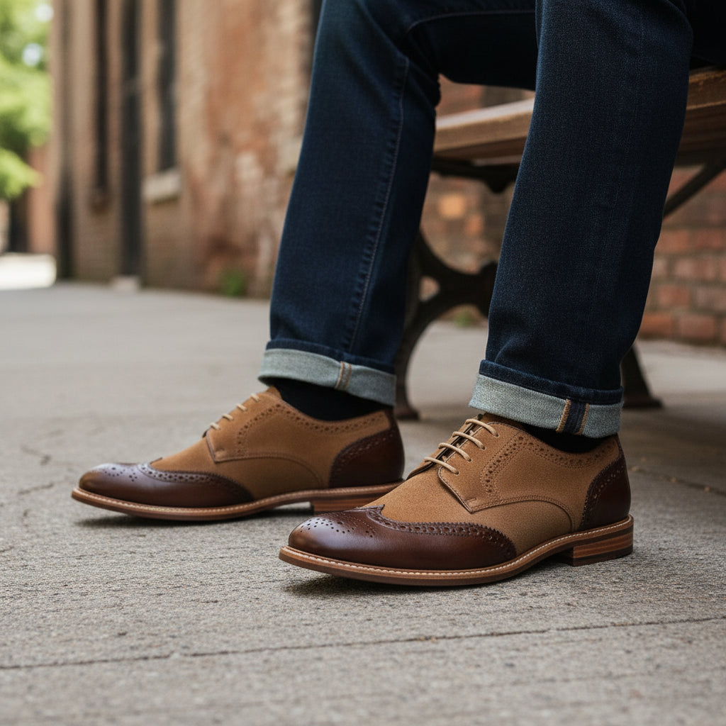 model-siting - Men's Brown Leather Wingtip Oxford Shoes
