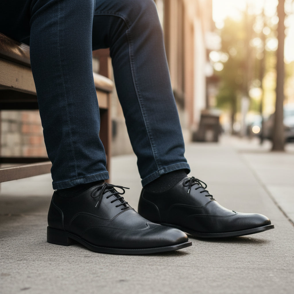 model-siting - Men's Brown Leather Wingtip Oxford Shoes