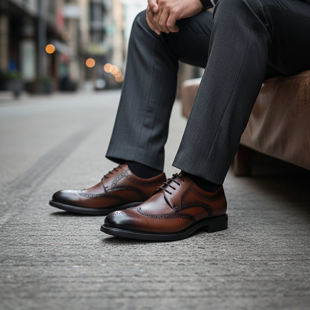 model-siting - Men's Brown Leather Wingtip Oxfords