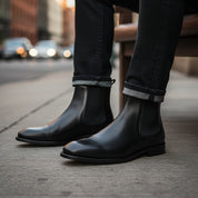 model-siting - Men's Brown Leather Zip Boots