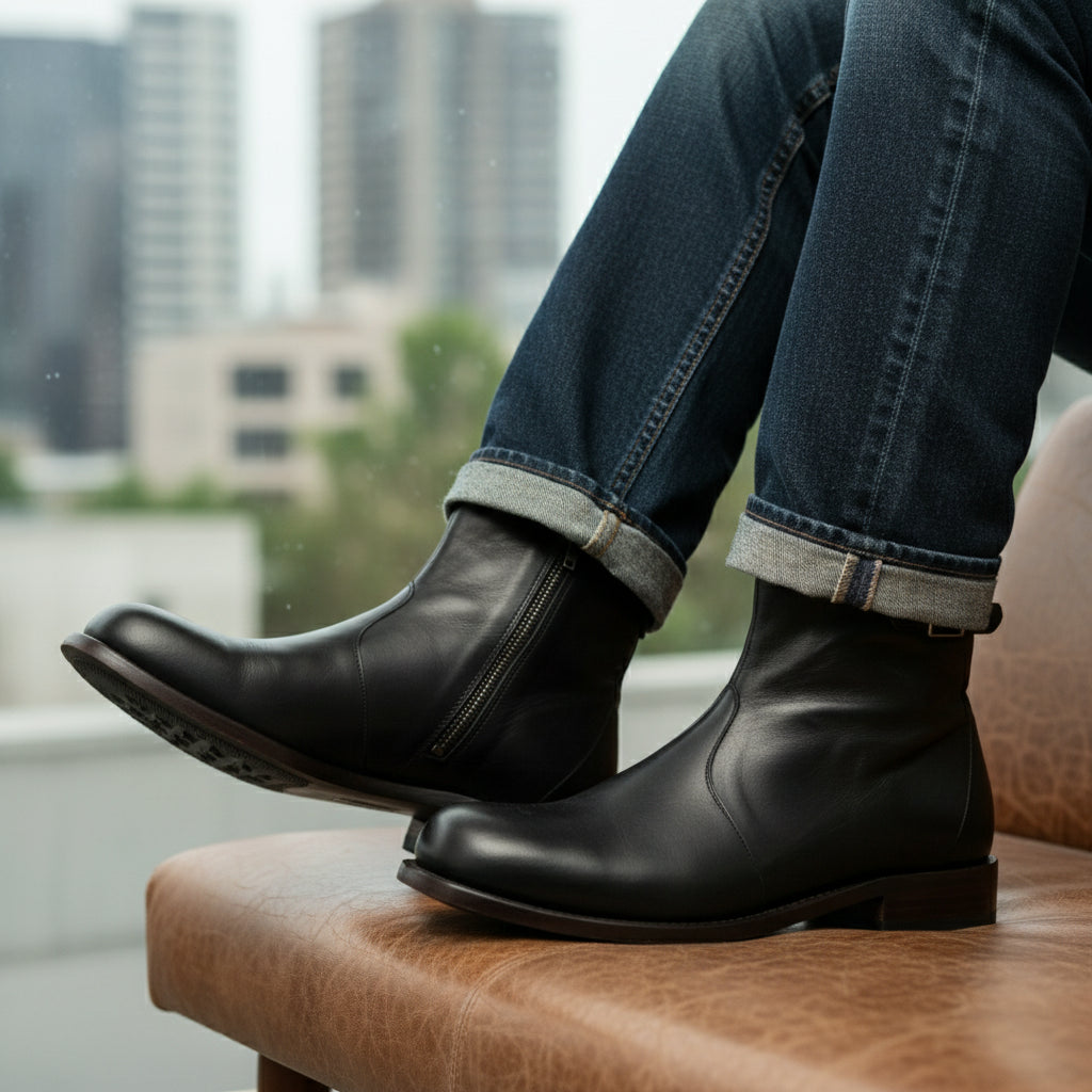 model-siting - Men's Brown Leather Zipper Ankle Boots