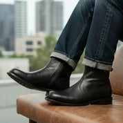 model-siting - Men's Brown Leather Zipper Ankle Boots