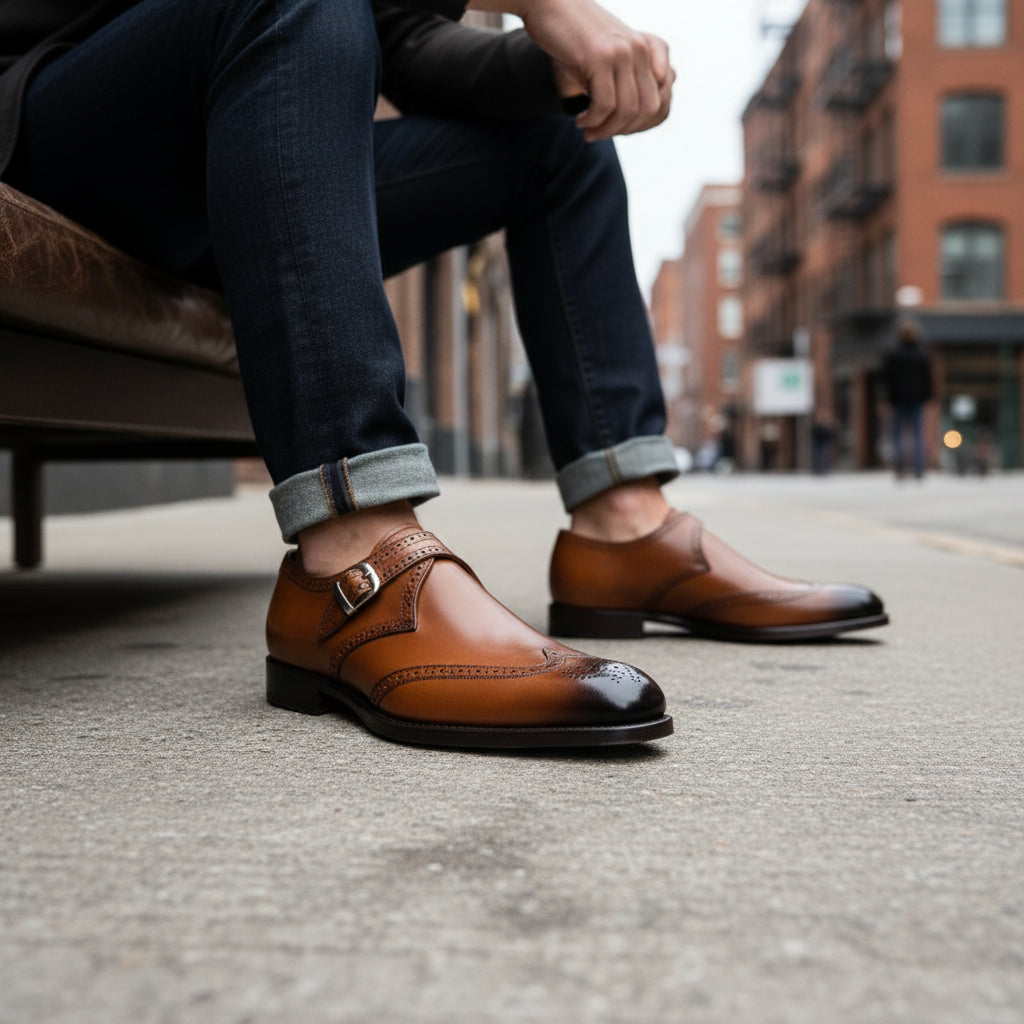 Men's Brown Monk Strap Leather Dress Shoes - model-siting