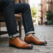 Men's Brown Oxford Leather Dress Shoes - model-siting