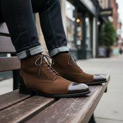model-siting - Men's Brown Suede Ankle Boots with Cap Toe