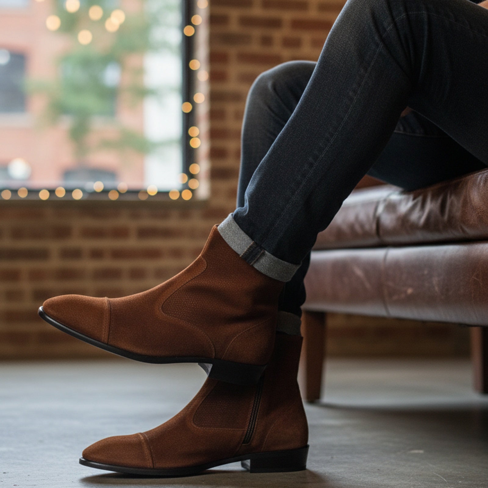 model-siting - Men's Brown Suede Ankle Boots