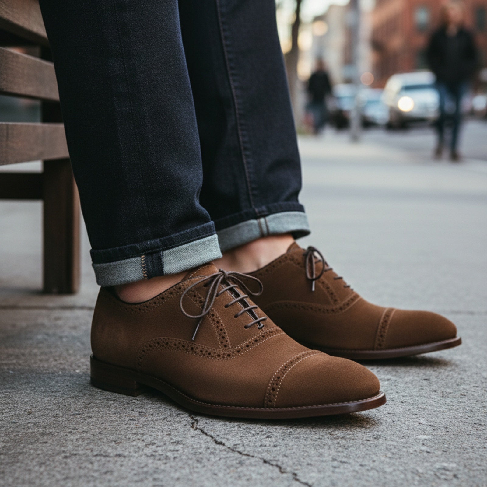 Men's Brown Suede Brogue Dress Shoes - model-siting