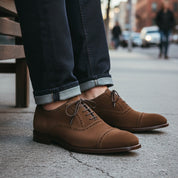 Men's Brown Suede Brogue Dress Shoes - model-siting