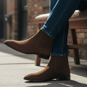 model-siting - Men's Brown Suede Chelsea Ankle Boots with Leather Sole