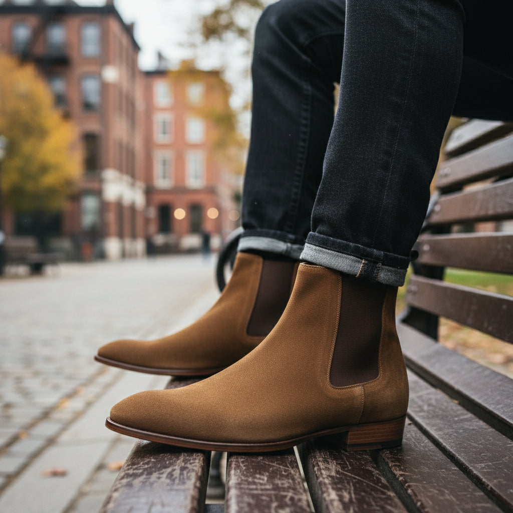 model-siting - Men's Brown Suede Chelsea Ankle Boots